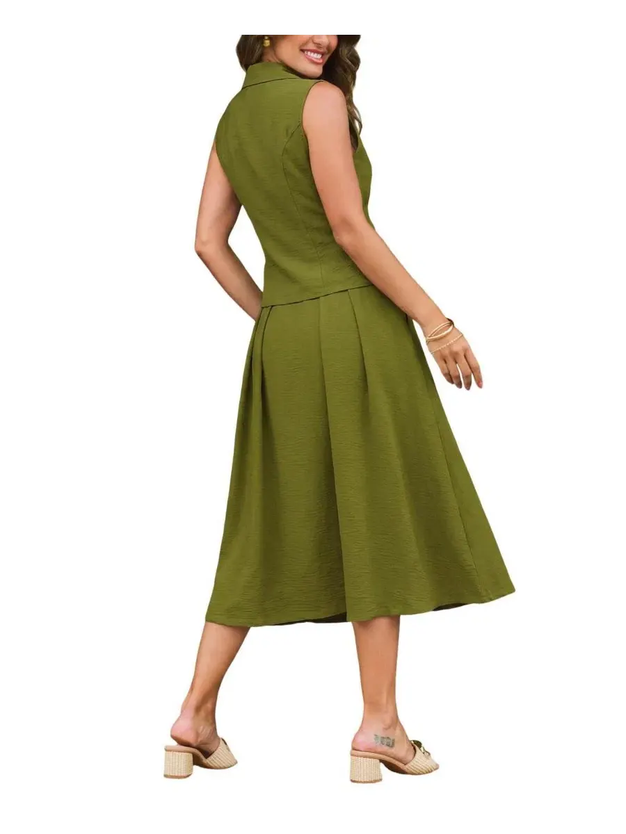 Комплект из блузы с воротником и юбки с завязкой, модель Collared Tied Front Skirt Set Cupshe — изображение 3 из 5