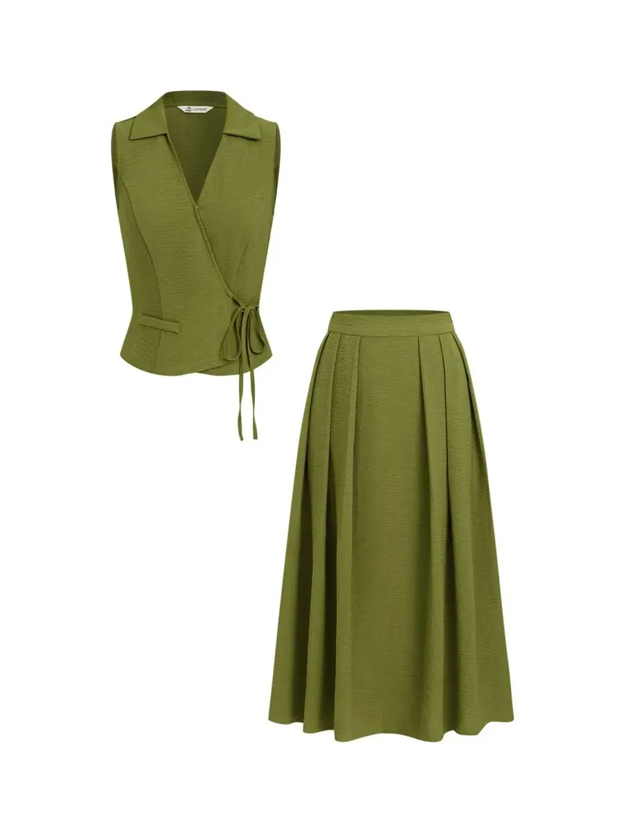 Комплект из блузы с воротником и юбки с завязкой, модель Collared Tied Front Skirt Set Cupshe — изображение 4 из 5