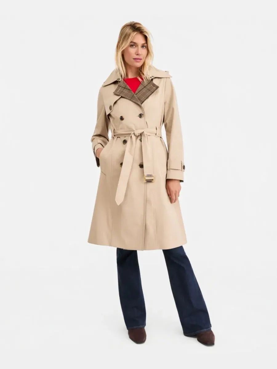 Плащ-тренч с поясом, модель Plaid-Collar Belted Trench Coat London Fog