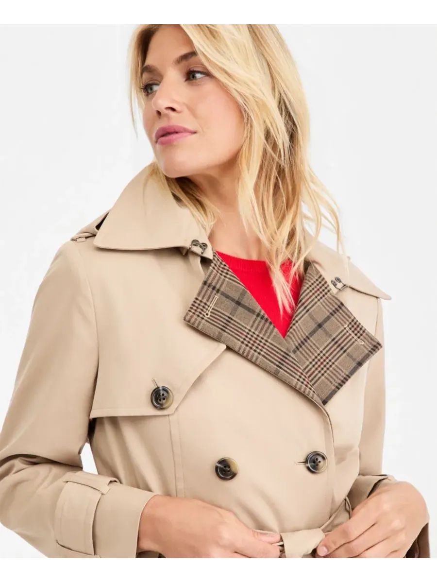 Плащ-тренч с поясом, модель Plaid-Collar Belted Trench Coat London Fog — изображение 2 из 2, хаки