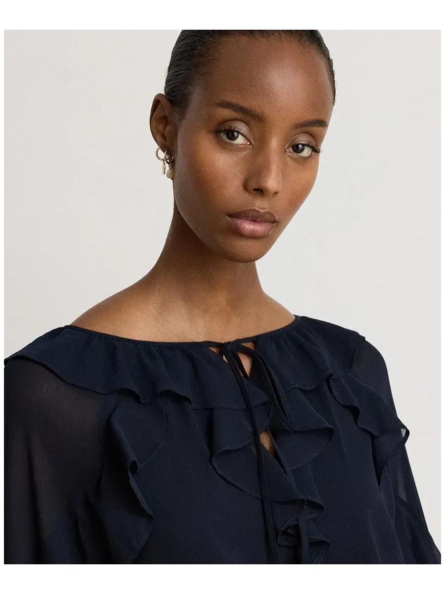 Блуза женская из жатого жоржета с рюшами Lauren Ralph Lauren — изображение 3 из 6, темно-синий