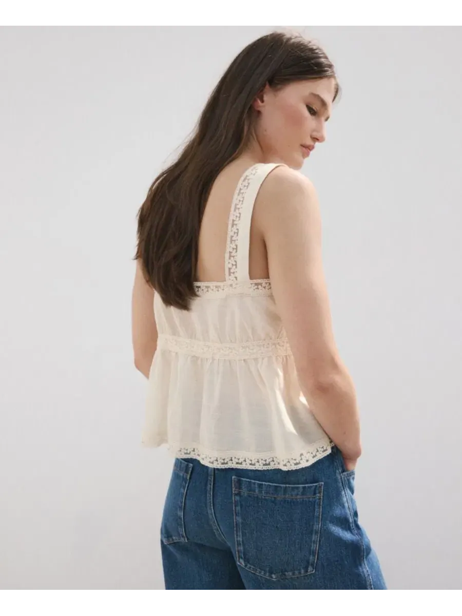 Топ с кружевными деталями, без рукавов, Cotton Lace Top MANGO — изображение 3 из 4, экру