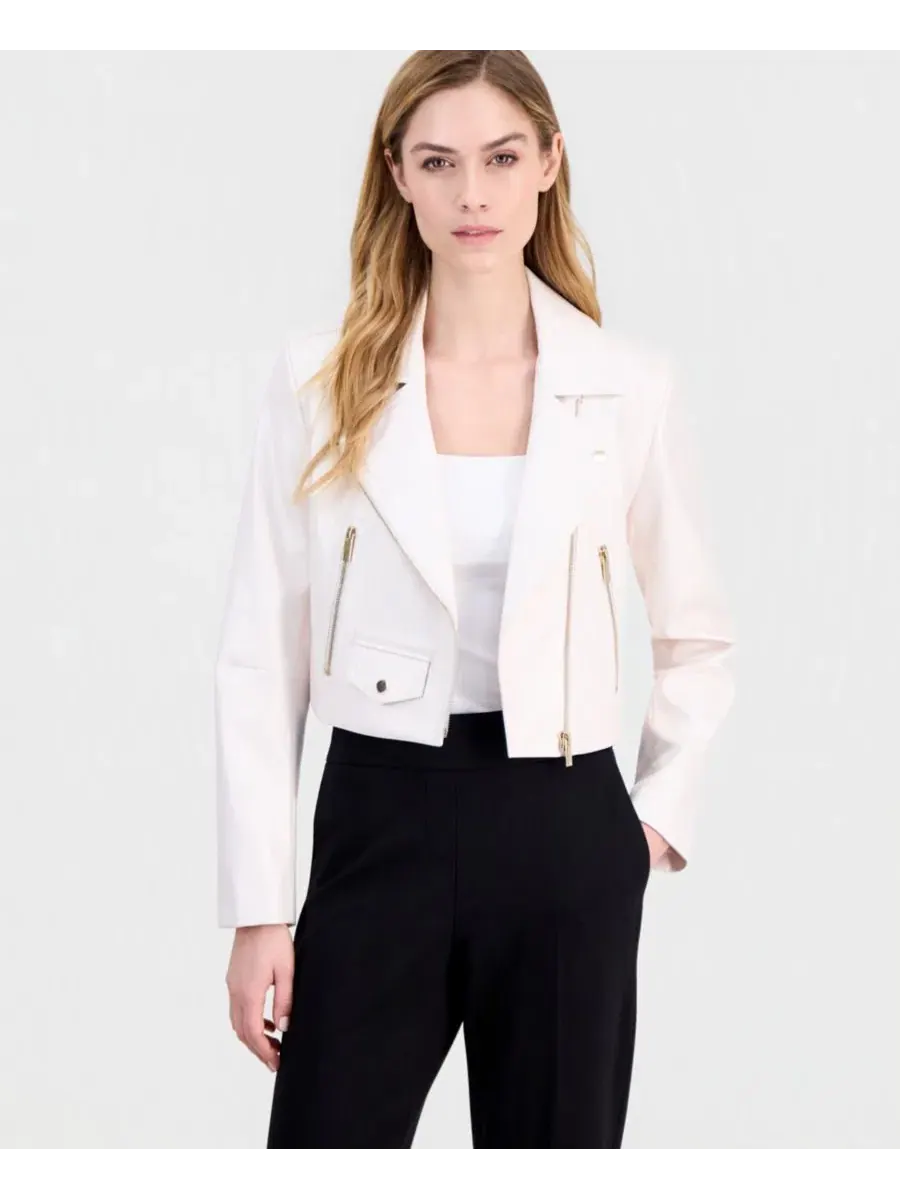 Женская куртка-косуха из экокожи с укороченным кроем Anne Klein — изображение 2 из 4, белый