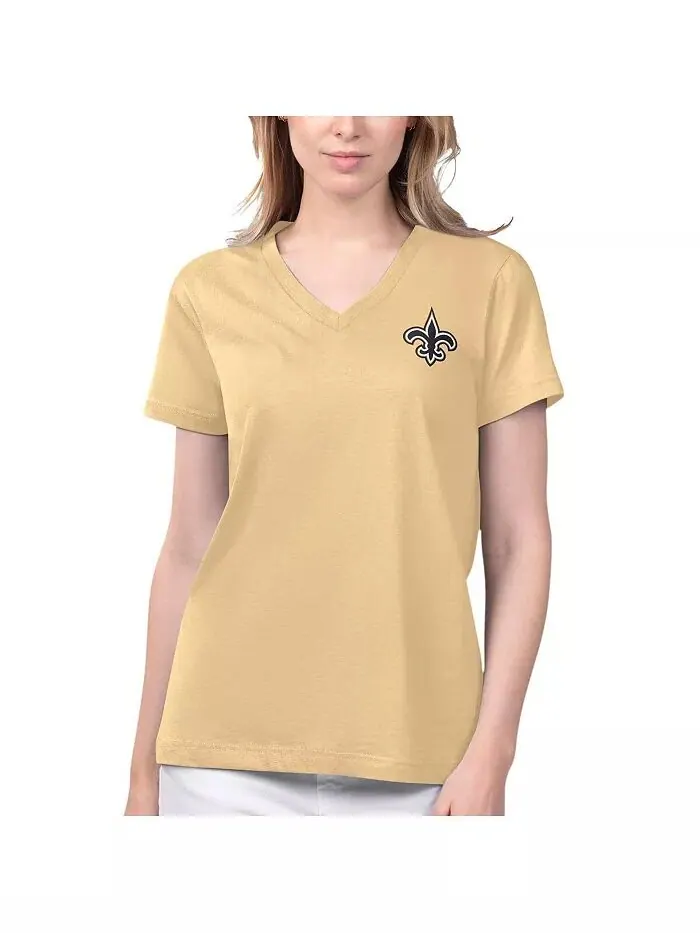 Женская золотая футболка New Orleans Saints Game Time с V-образным вырезом Margaritaville — изображение 1 из 2