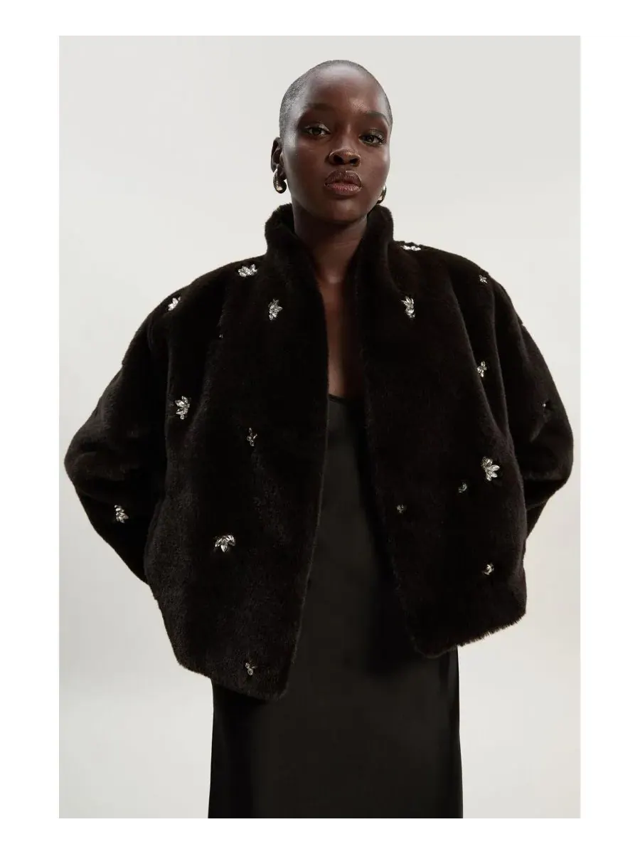 Женское короткое пальто из искусственного меха, украшенное кристаллами Karen Millen