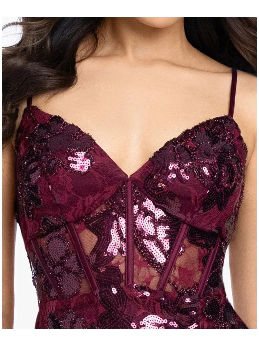 Платье-миди с принтом и кружевом, модель Floral Sequin Lace Corset-Inspired Bodycon Mini Blondie — изображение 4 из 6