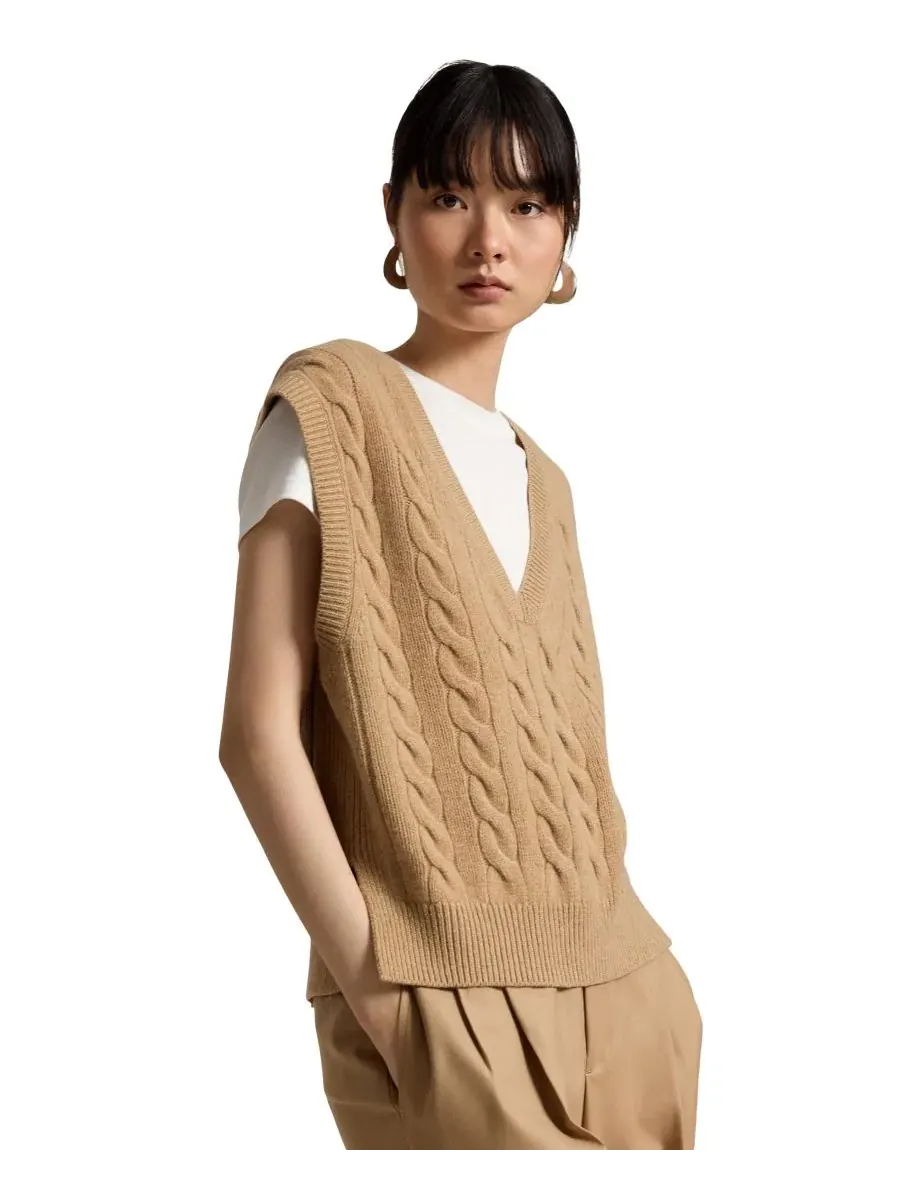 Женский жилет без рукавов с V-образным вырезом, модель Collection Camel Melange Polo Ralph Lauren