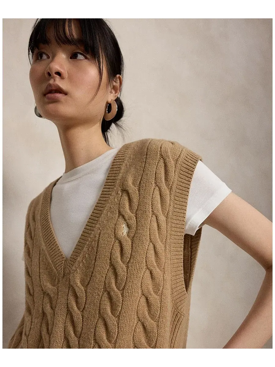Женский жилет без рукавов с V-образным вырезом, модель Collection Camel Melange Polo Ralph Lauren — изображение 3 из 6