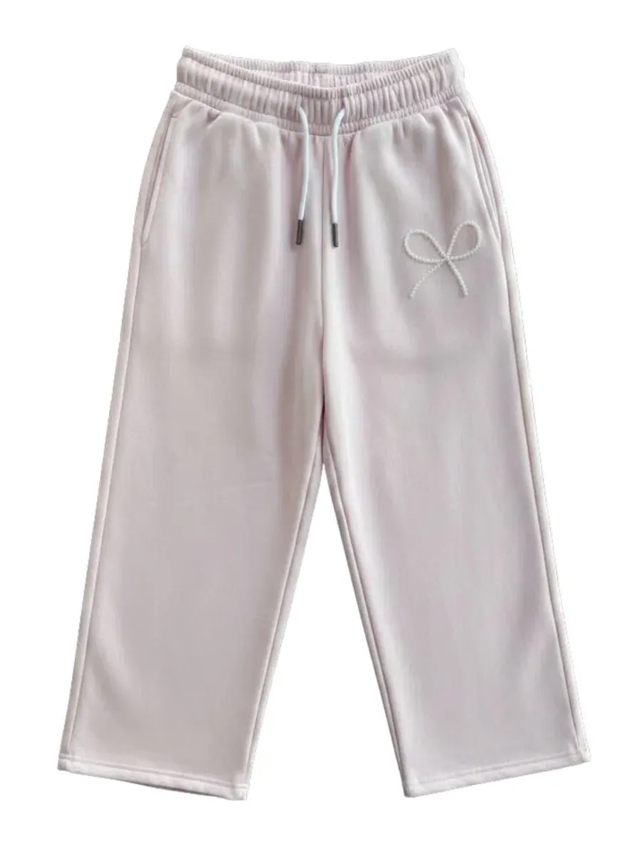 Спортивные брюки с широкой штаниной и мини-бусиной-бантом, модель Mini Imitation Pearl Bow Wide-Leg — розовый