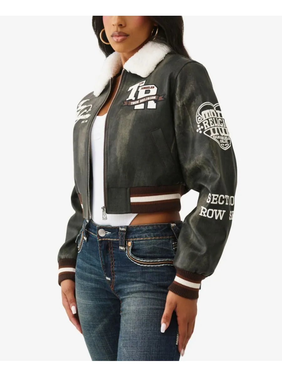Женская куртка-авиатор с воротником из искусственной овчины True Religion — изображение 2 из 3, коричневый