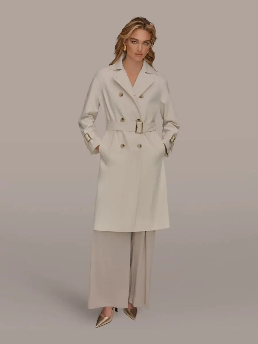 Женский двубортный тренч с поясом и воротником с вырезом Donna Karan New York — изображение 2 из 9, бежевый
