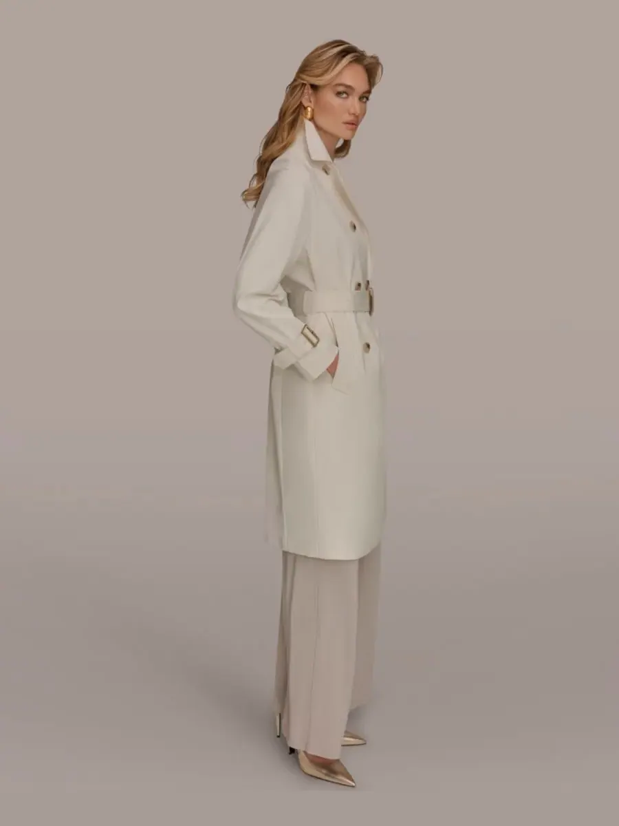 Женский двубортный тренч с поясом и воротником с вырезом Donna Karan New York — изображение 6 из 9, бежевый