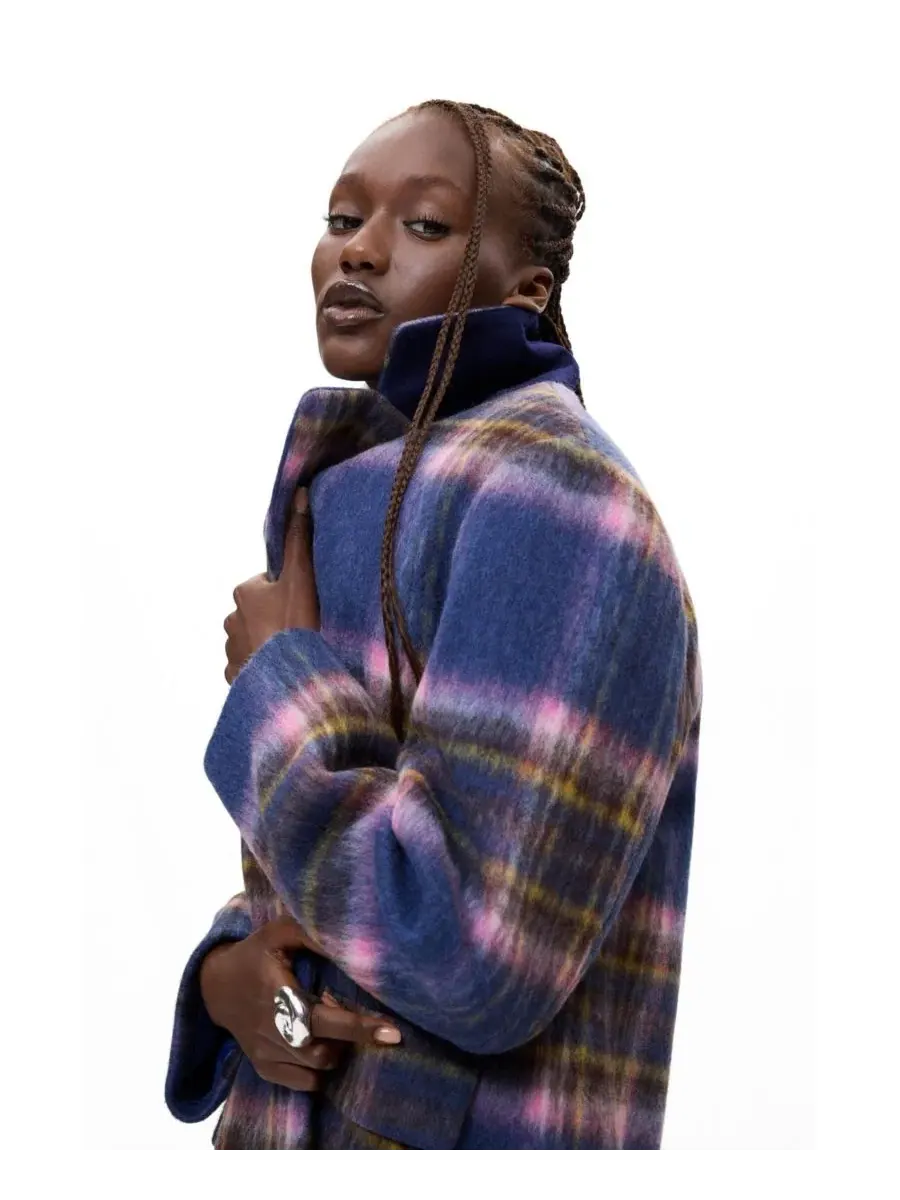 Женское длинное пальто в клетку из шерстяной смеси Desigual — изображение 3 из 4, темно-синий