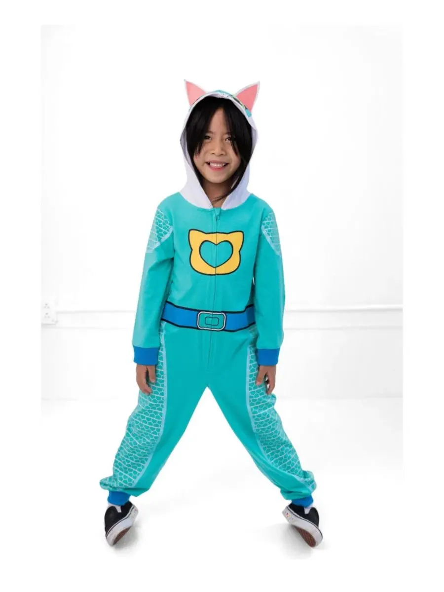 Детский комбинезон-костюм с капюшоном Super Kitties, Teal Bitsy — изображение 2 из 3