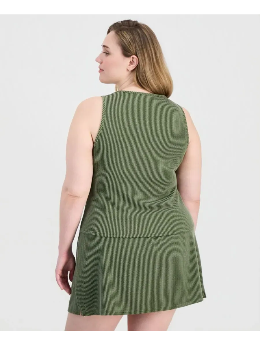 Комплект из топа без рукавов и юбки-шорт с карманами, модель Trendy Plus Size Ribbed Knit — изображение 2 из 3, оливин