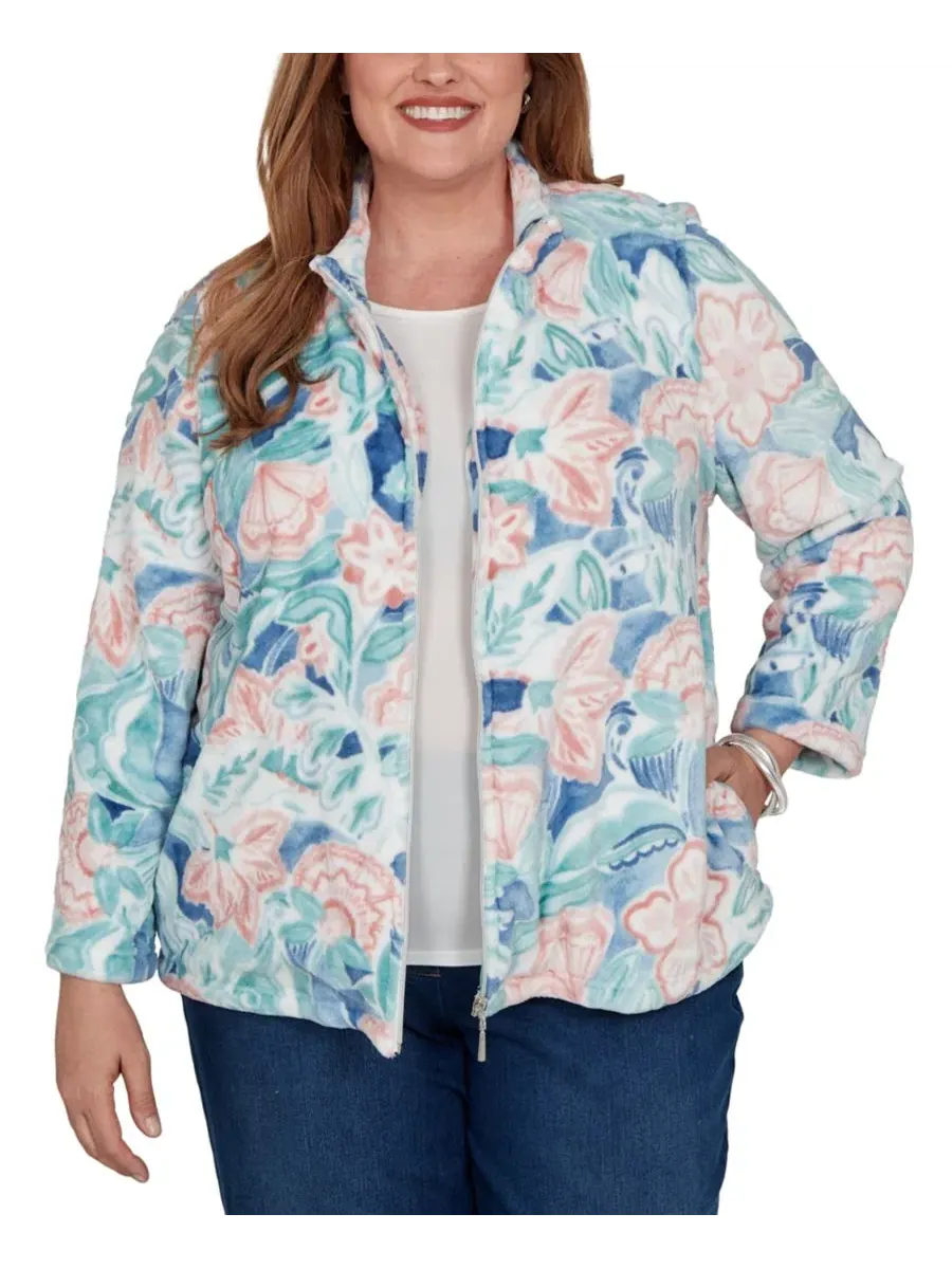 Жакет с цветочным принтом и воротником-стойкой Plus Size Floral Stand-Collar Jacket Alfred Dunner