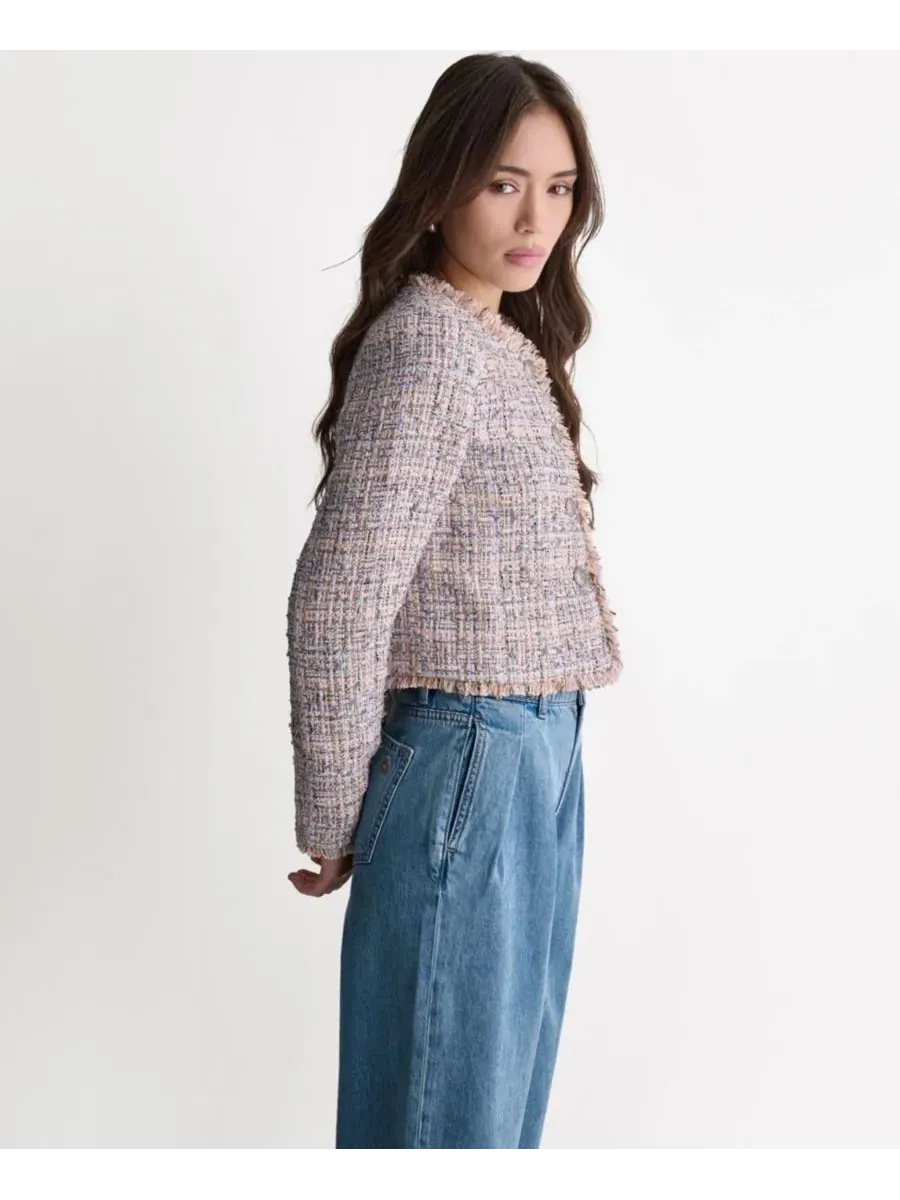 Жакет с бахромой и круглым вырезом Crewneck Fringe Detail Tweed BCBG — изображение 3 из 8, мульти