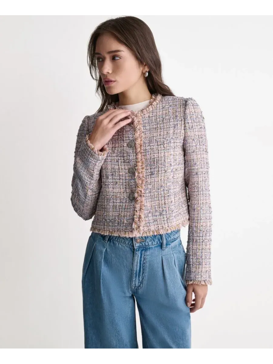 Жакет с бахромой и круглым вырезом Crewneck Fringe Detail Tweed BCBG — изображение 6 из 8, мульти