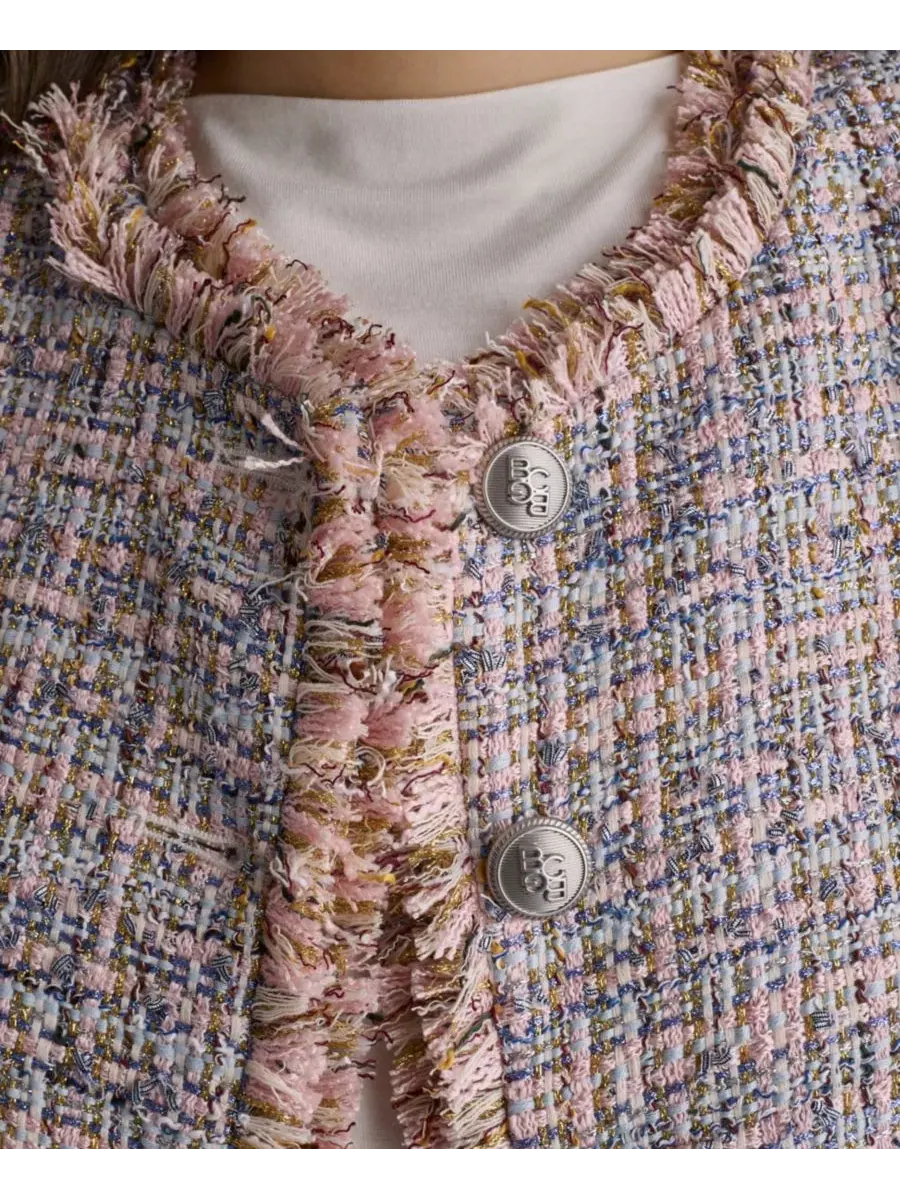 Жакет с бахромой и круглым вырезом Crewneck Fringe Detail Tweed BCBG — изображение 7 из 8, мульти