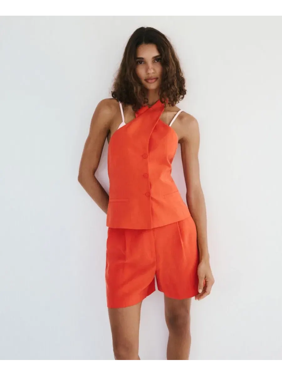 Бермуды прямого кроя из лиоцелла, с поясом, модель Straight-Fit Lyocell Bermuda Shorts MANGO — изображение 4 из 6, оранжевый