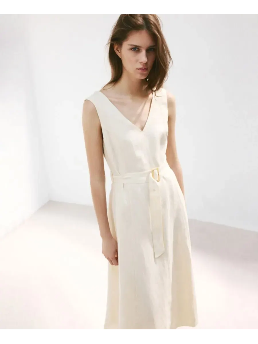 Платье-миди из льна с поясом, без рукавов, модель Belt Linen Midi-Dress MANGO — изображение 2 из 7, экру