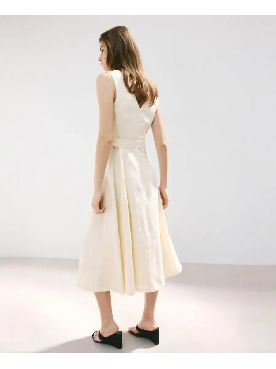 Платье-миди из льна с поясом, без рукавов, модель Belt Linen Midi-Dress MANGO — изображение 3 из 7, экру