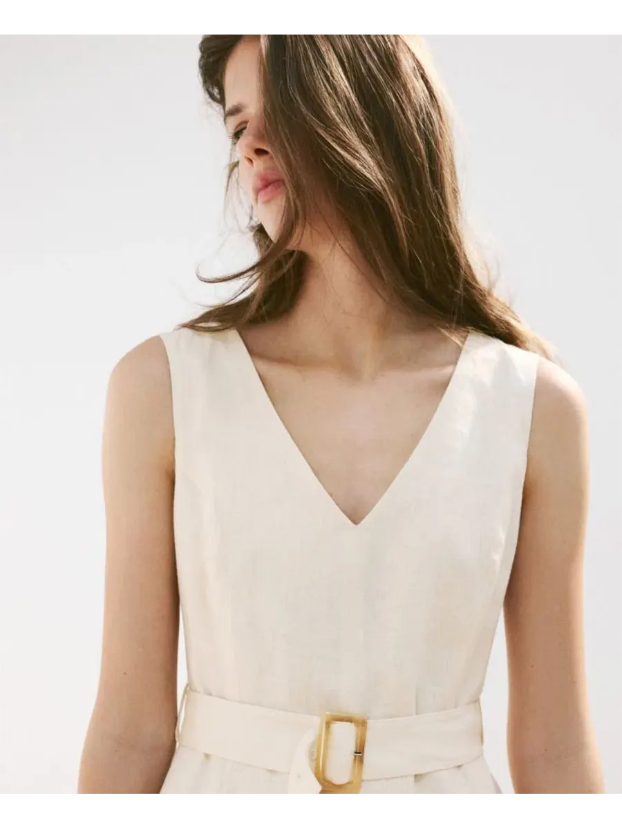 Платье-миди из льна с поясом, без рукавов, модель Belt Linen Midi-Dress MANGO — изображение 4 из 7, экру
