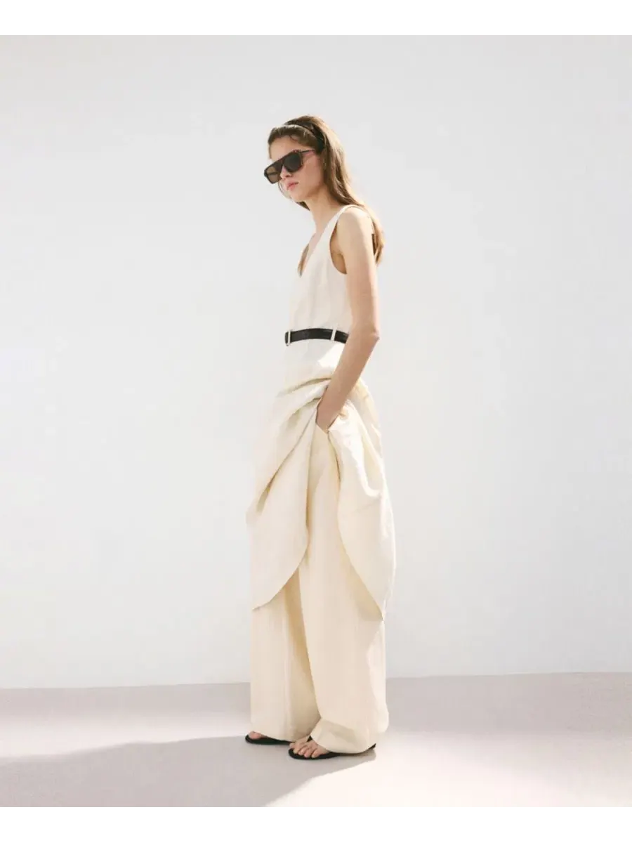 Платье-миди из льна с поясом, без рукавов, модель Belt Linen Midi-Dress MANGO — изображение 5 из 7, экру