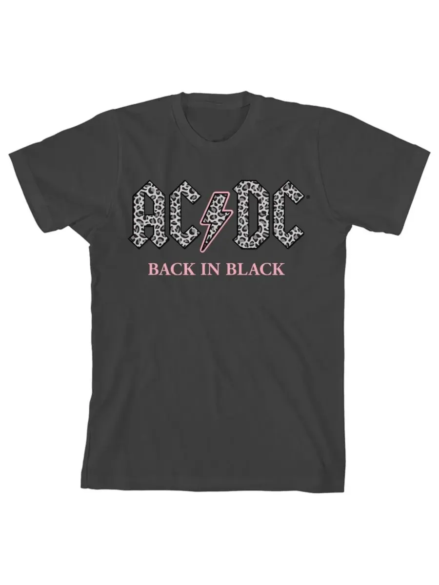 AC/DC Girls Back In Black Gray Leopard Print Logo Crew Short Sleeve Black — серый