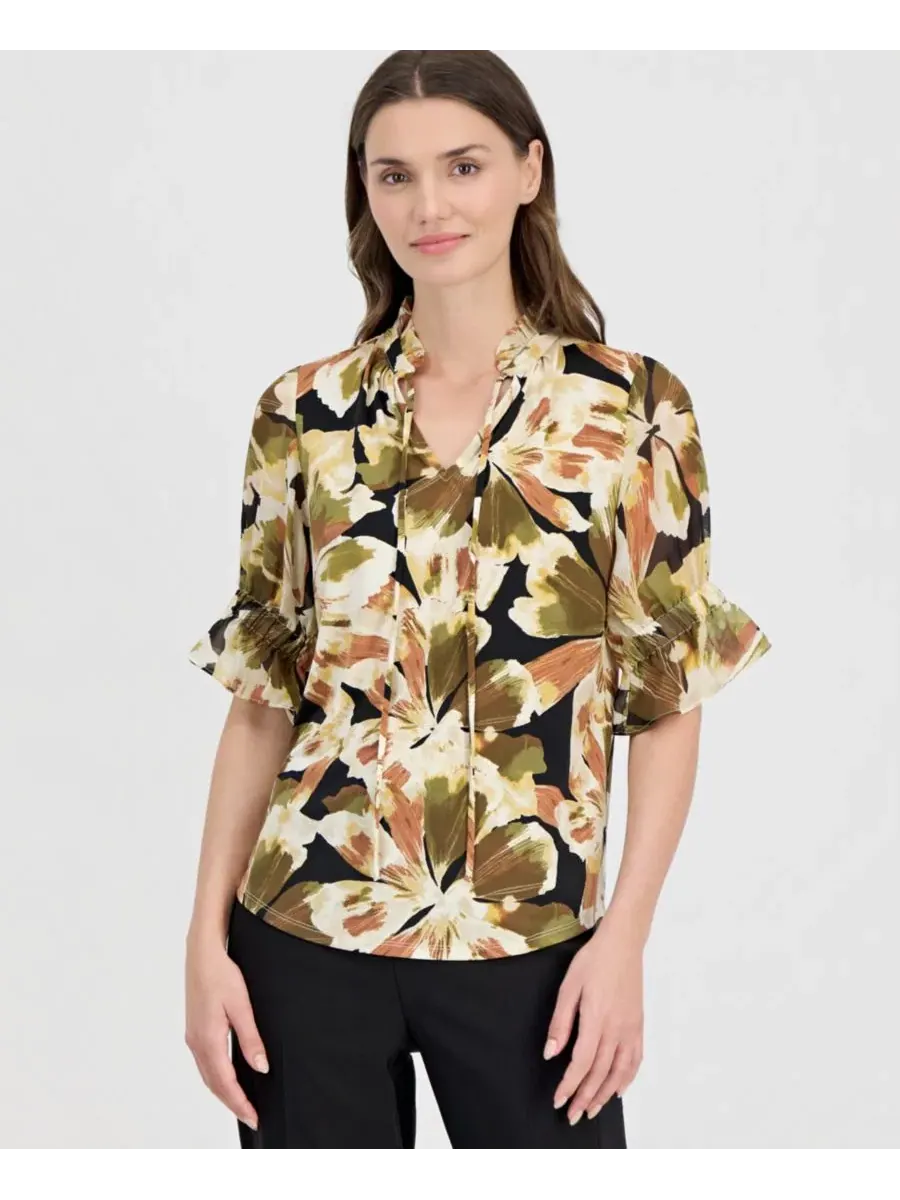 Блуза с принтом, 3/4 рукав, модель Tie-Front Anne Klein