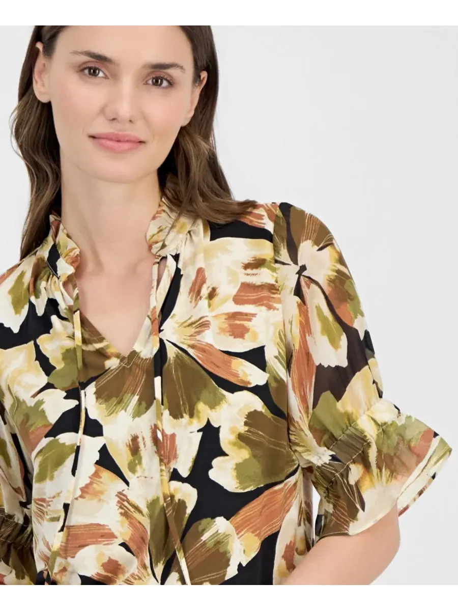 Блуза с принтом, 3/4 рукав, модель Tie-Front Anne Klein — изображение 3 из 4, черный мульти