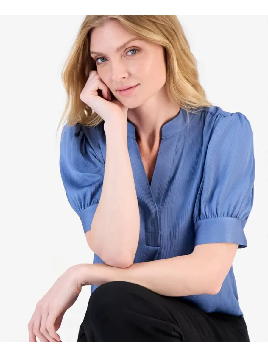 Блуза Anne Klein с коротким рукавом-фонарик — изображение 2 из 4, синий