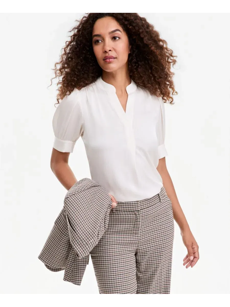 Блуза Anne Klein с коротким рукавом-фонарик, Split Mandarin — изображение 3 из 4, белый
