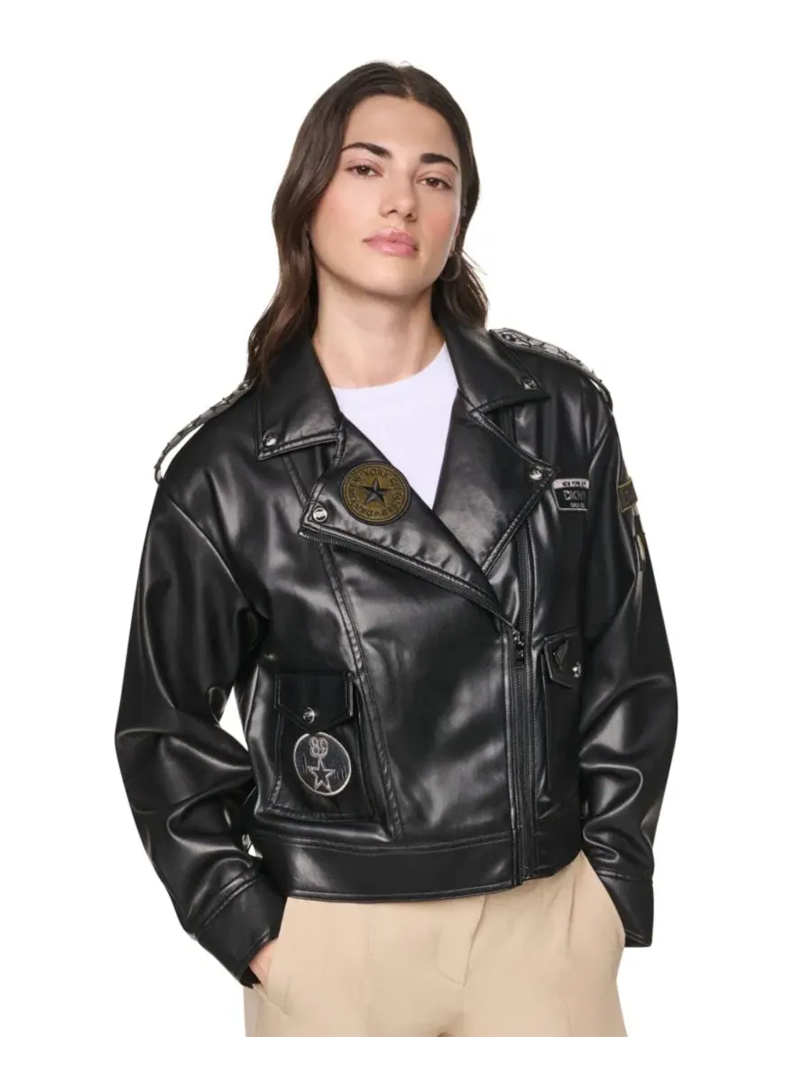 Женская куртка из кожзаменителя с воротником и молнией DKNY