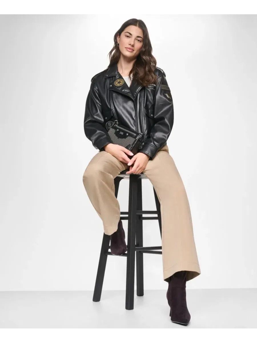 Женская куртка из кожзаменителя с воротником и молнией DKNY — изображение 13 из 14, черный