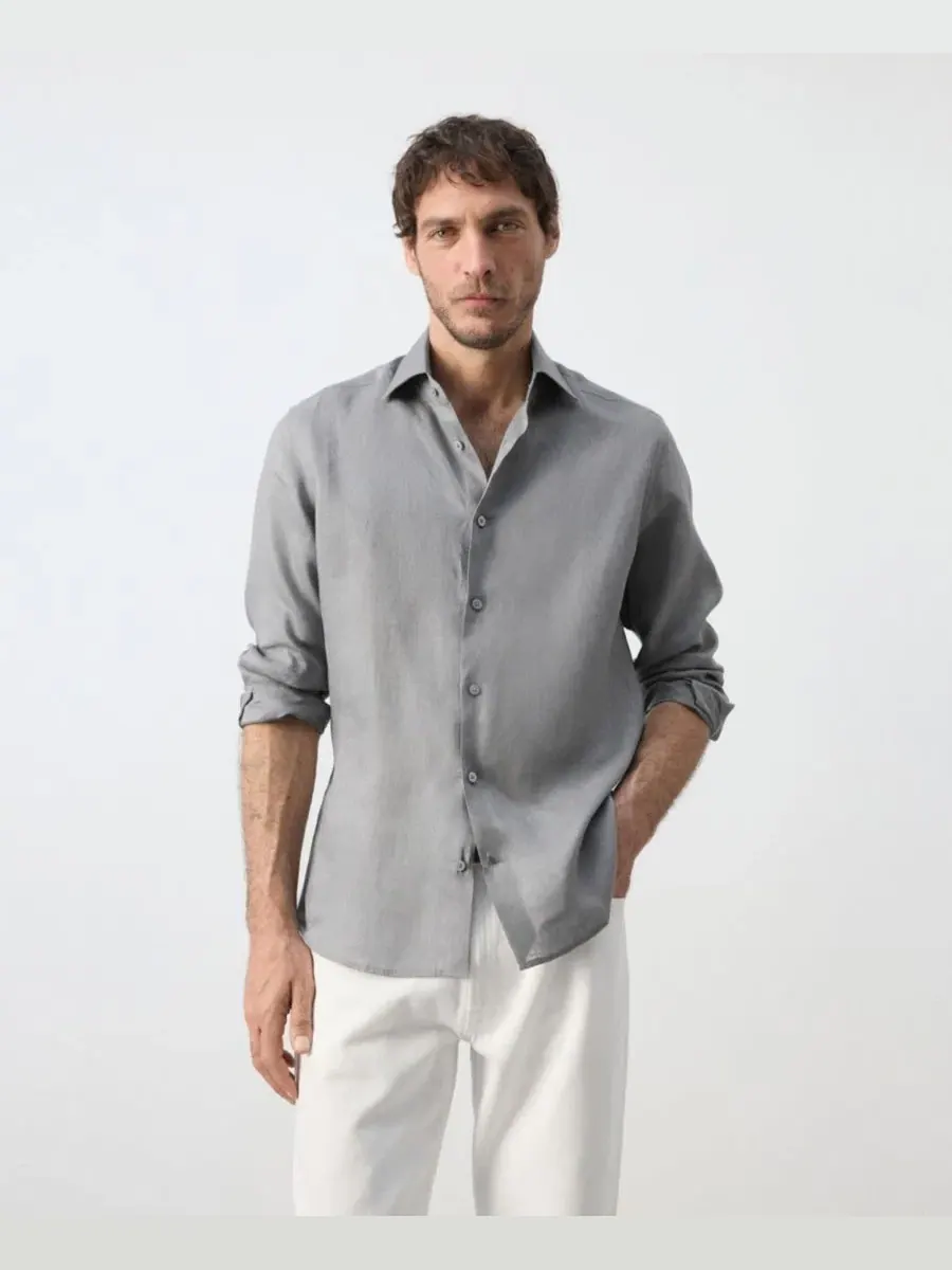 Мужская льняная рубашка с длинным рукавом Slim Fit MANGO