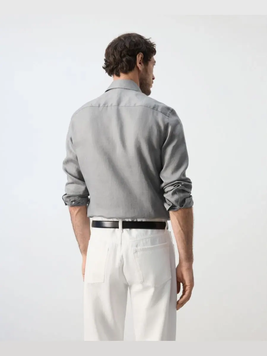 Мужская льняная рубашка с длинным рукавом Slim Fit MANGO — изображение 3 из 3, темно-серый