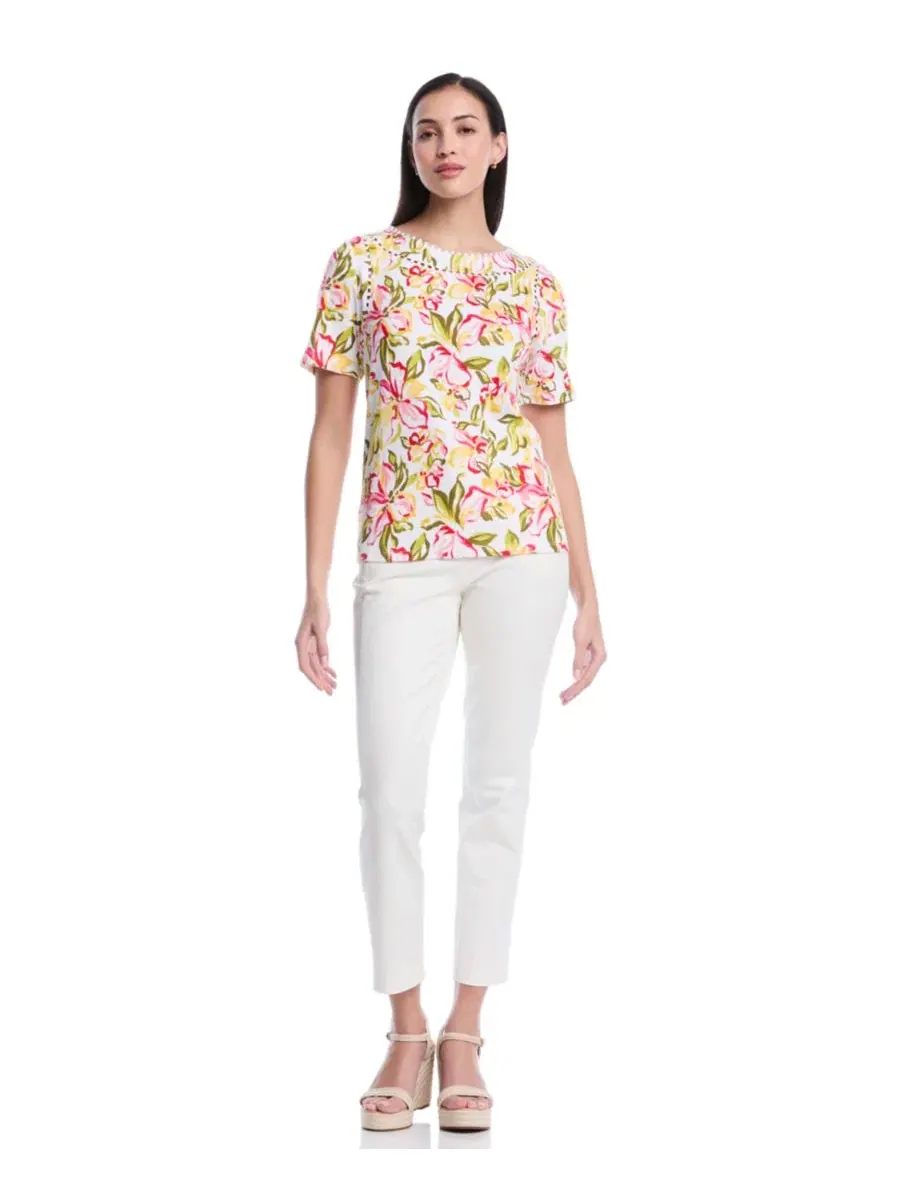 Топ с коротким рукавом Petite Petal Print Short-Sleeve Top Rafaella — изображение 2 из 5, белый