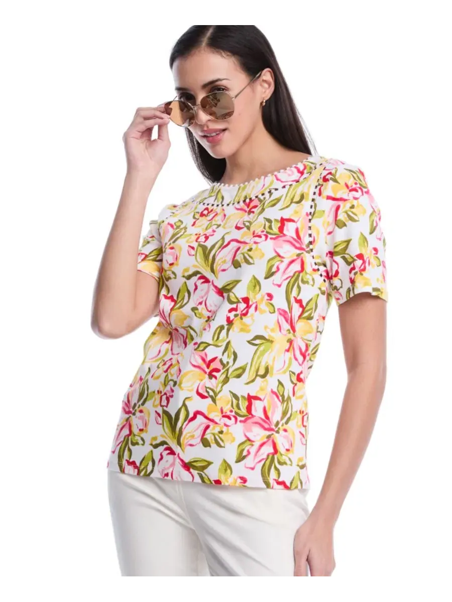 Топ с коротким рукавом Petite Petal Print Short-Sleeve Top Rafaella — изображение 3 из 5, белый