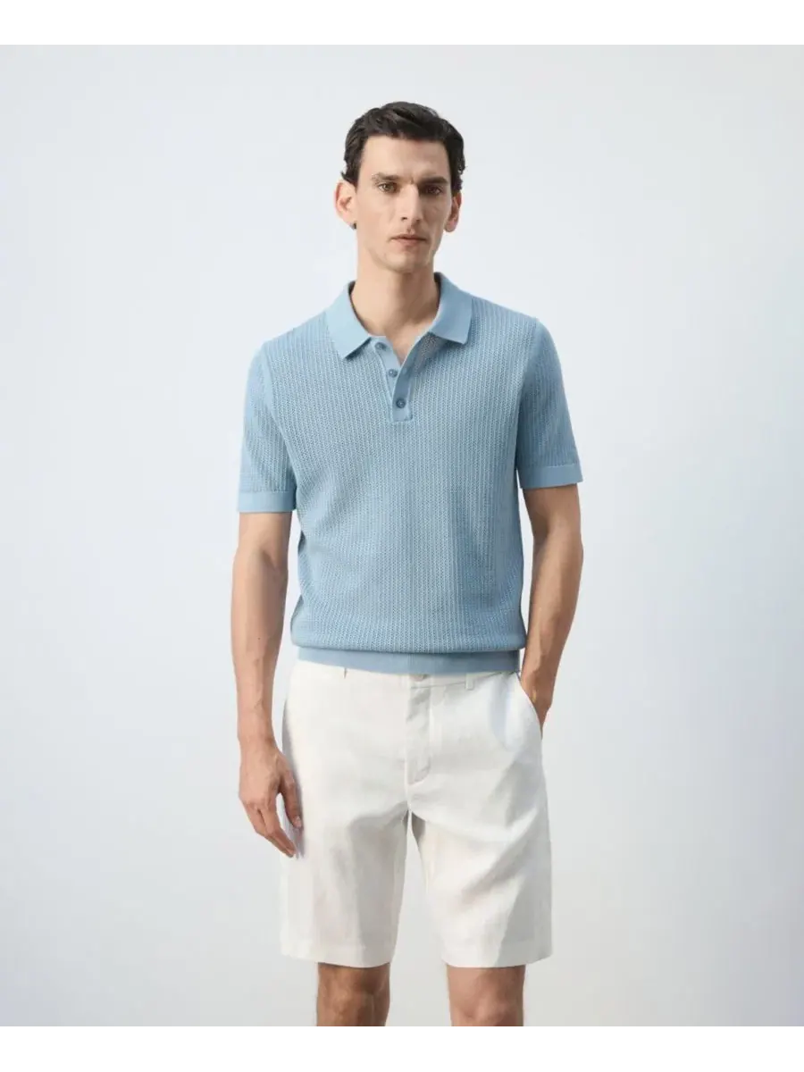 Мужское хлопковое поло с открытой вязкой, модель Cotton Openwork Knit Polo MANGO — изображение 1 из 9, голубой зеленый