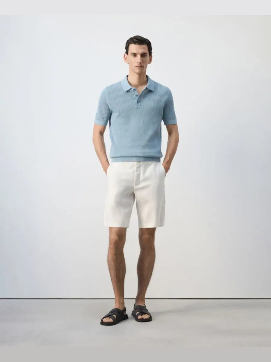 Мужское хлопковое поло с открытой вязкой, модель Cotton Openwork Knit Polo MANGO — изображение 2 из 9, голубой зеленый