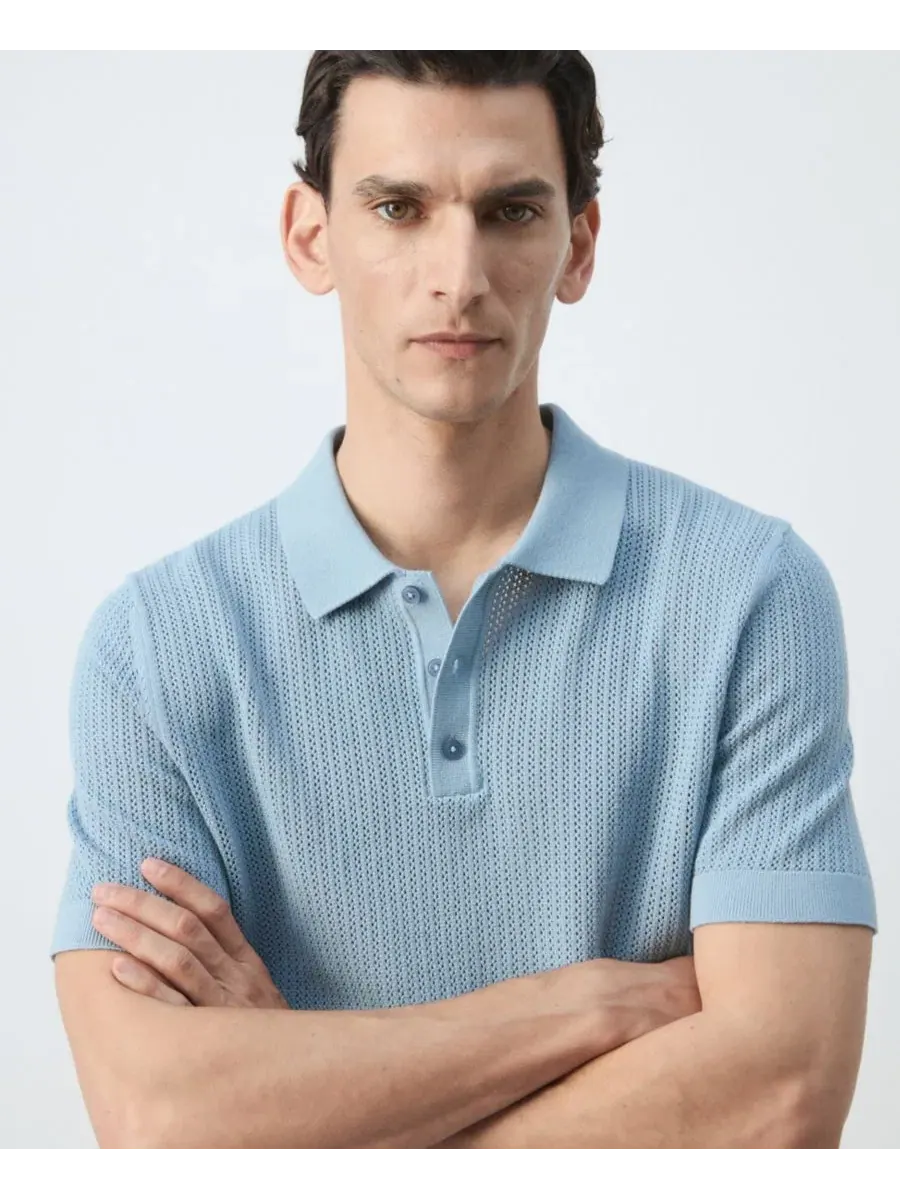 Мужское хлопковое поло с открытой вязкой, модель Cotton Openwork Knit Polo MANGO — изображение 4 из 9, голубой зеленый