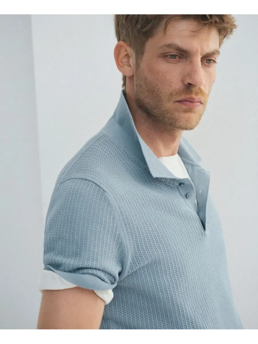 Мужское хлопковое поло с открытой вязкой, модель Cotton Openwork Knit Polo MANGO — изображение 6 из 9, голубой зеленый