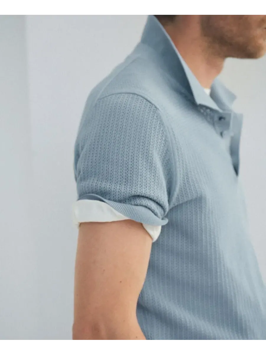 Мужское хлопковое поло с открытой вязкой, модель Cotton Openwork Knit Polo MANGO — изображение 7 из 9, голубой зеленый