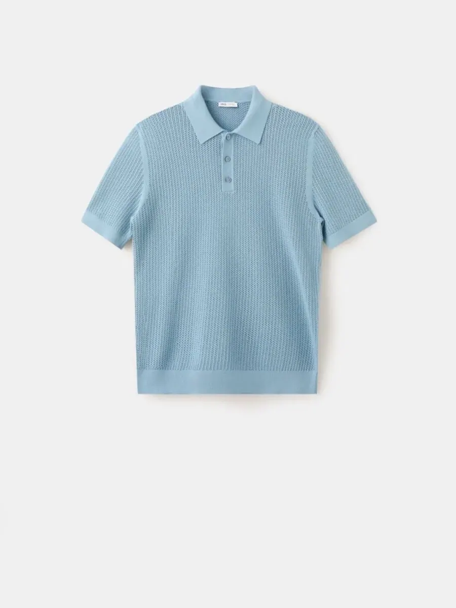 Мужское хлопковое поло с открытой вязкой, модель Cotton Openwork Knit Polo MANGO — изображение 8 из 9, голубой зеленый