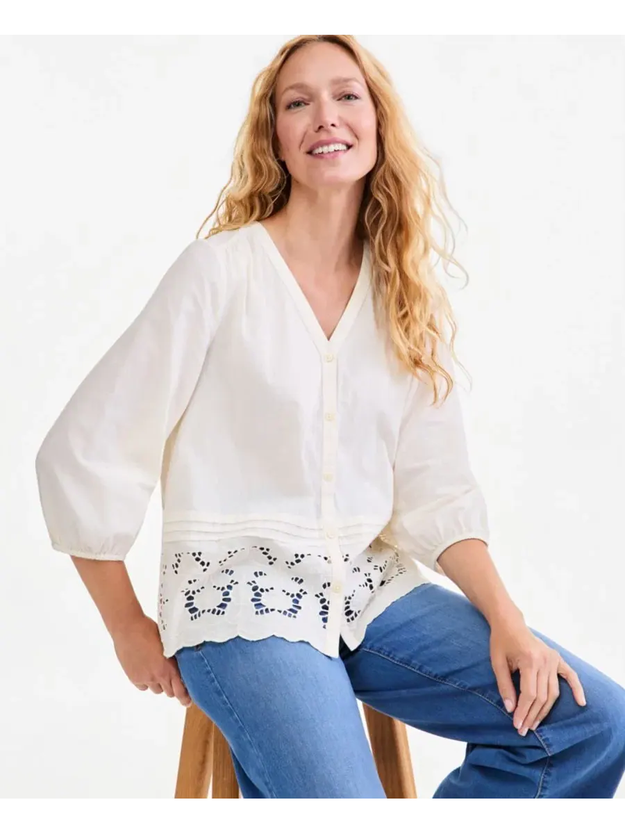 Блуза с вышивкой ажуром и фигурным низом Style & Co — изображение 2 из 4, коричневый