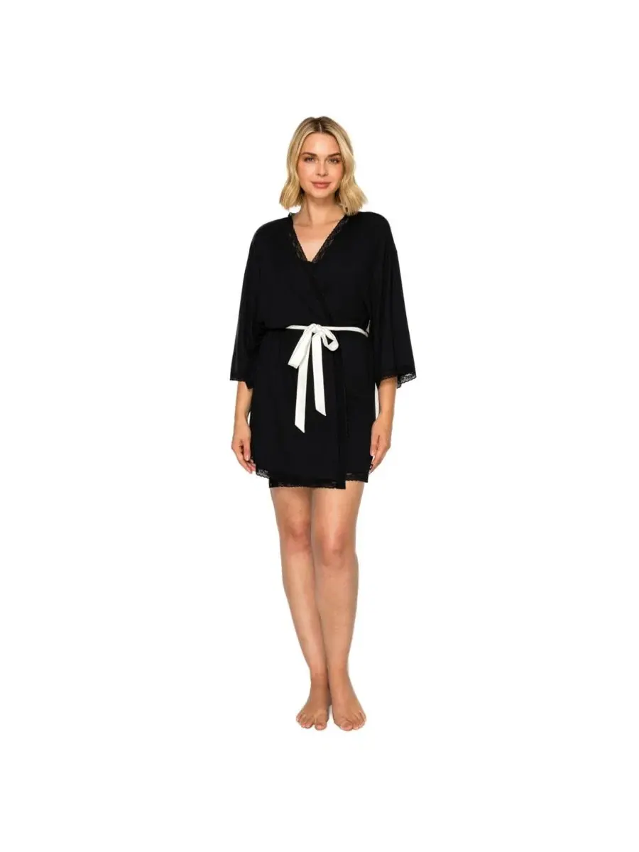 Халат-кимоно с запахом и завязкой, 3/4 рукав, Yummy Jersey Studio Badgley Mischka — черный