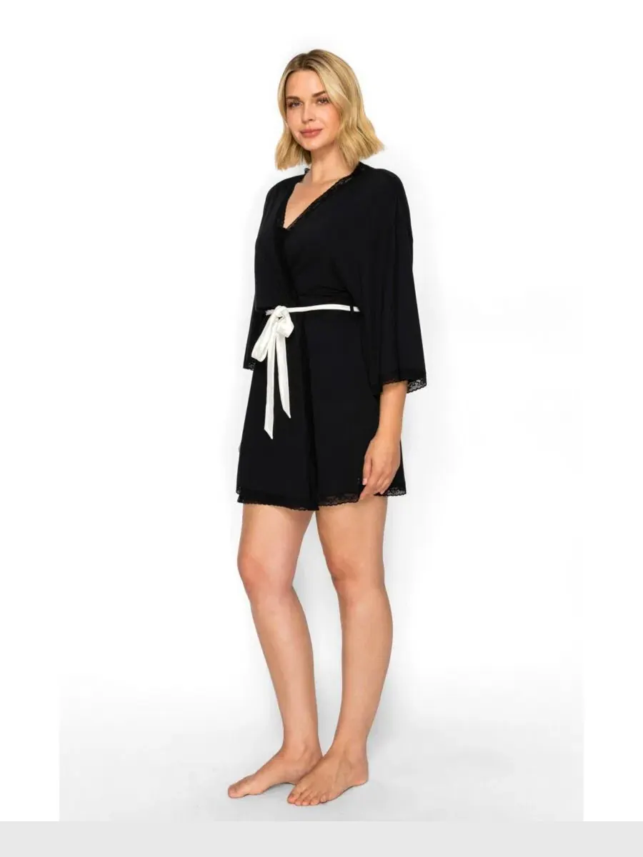 Халат-кимоно с запахом и завязкой, 3/4 рукав, Yummy Jersey Studio Badgley Mischka — изображение 2 из 5, черный