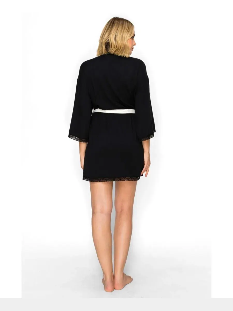 Халат-кимоно с запахом и завязкой, 3/4 рукав, Yummy Jersey Studio Badgley Mischka — изображение 3 из 5, черный