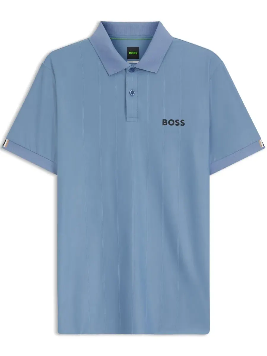 Поло с коротким рукавом из стрейч-джерси с принтом BOSS Men's Four-Way Stretch Stripe-Jersey — изображение 2 из 5, синий